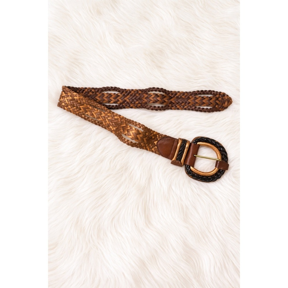 Chico's Leather Woven Belt Size M Brown Large Buckle Womens - Picture 2 of 12